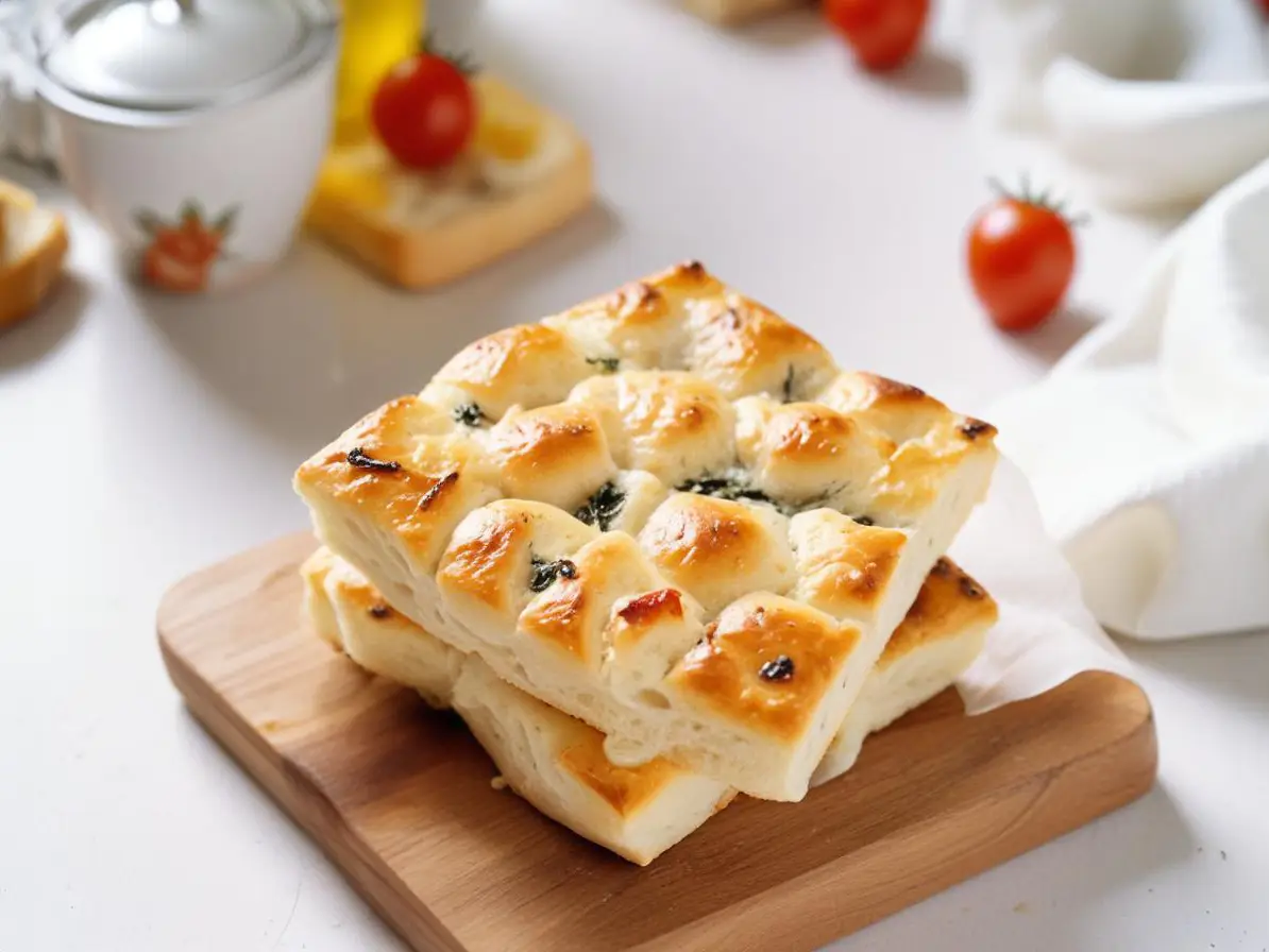 Immagine focaccia genovese con rosmarino e pomodori